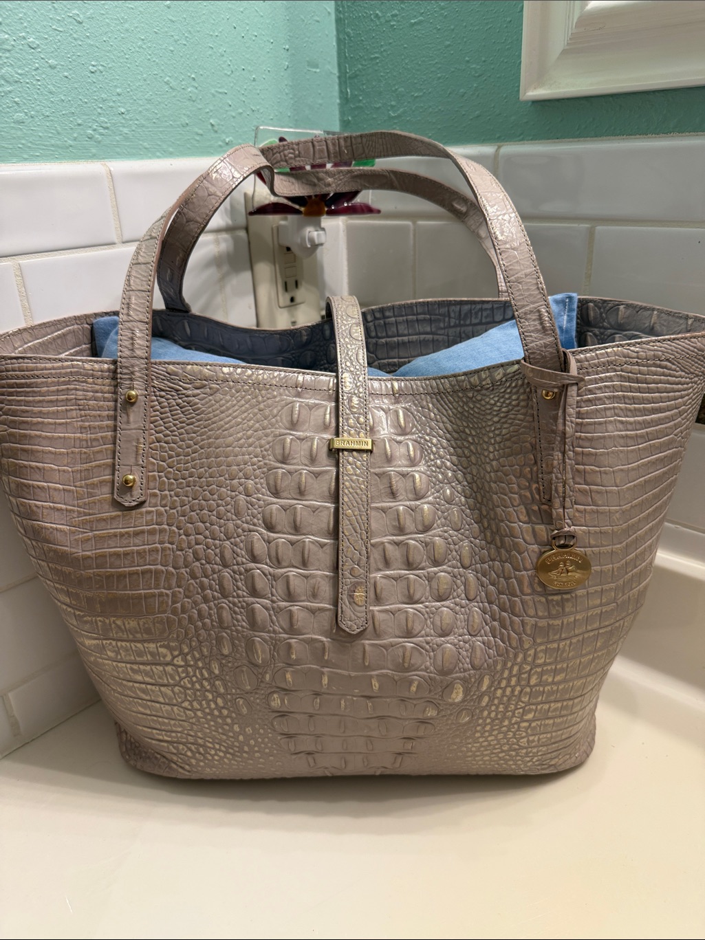 Brahmin Taupe Croc-Embossed Leather Tote
